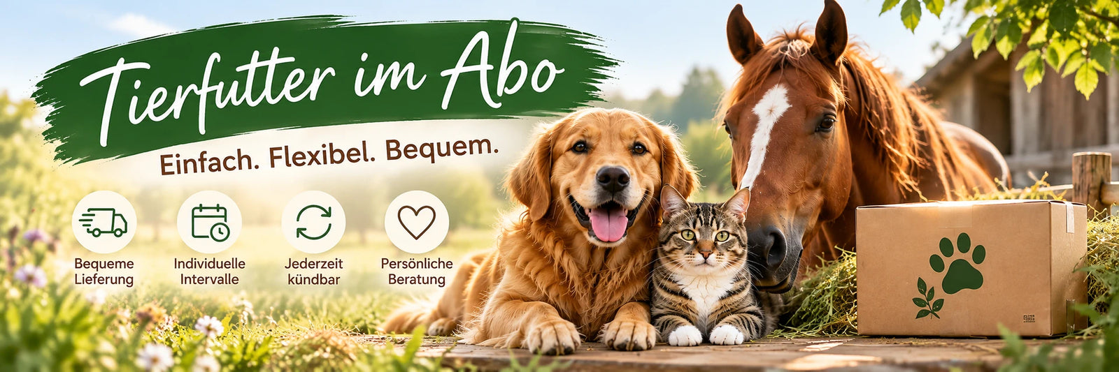 Tierfutter im Abo für Hunde, Katzen und Pferde – flexible Lieferintervalle und bequeme Lieferung bei TIER IM MITTELPUNKT.