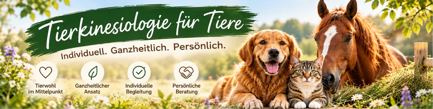 Hund, Katze und Pferd gemeinsam in einer natürlichen Umgebung als Symbol für die individuelle Tierkinesiologie und persönliche Tierberatung bei TIER IM MITTELPUNKT.