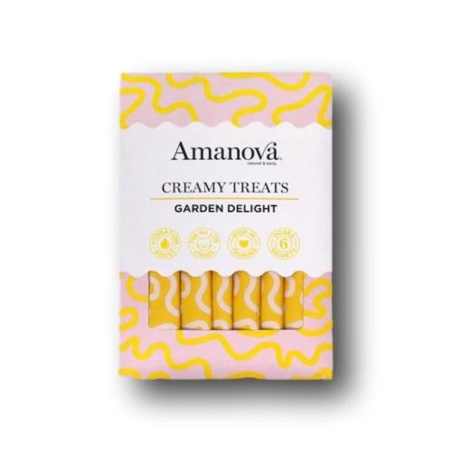 Amanova Creamy Treats Garden Delight, ideal zum Schlecken, als Topping oder kleine Belohnung und zur Unterstützung der Flüssigkeitsaufnahme.