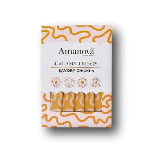 Amanova Creamy Treats Savory Chicken, ideal zum Schlecken, als Topping oder kleine Belohnung und zur Unterstützung der Flüssigkeitsaufnahme.
