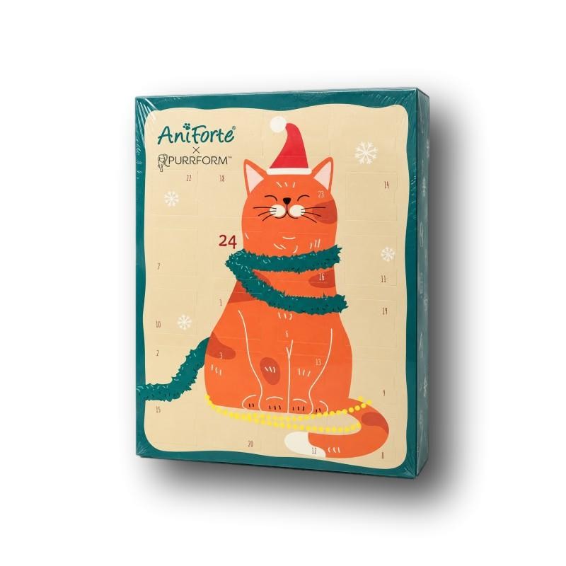 AniForte Adventskalender 2026 für Katzen mit 24 natürlichen Snacks in fünf Sorten – getreidefrei, ohne künstliche Zusätze und festlich verpackt.