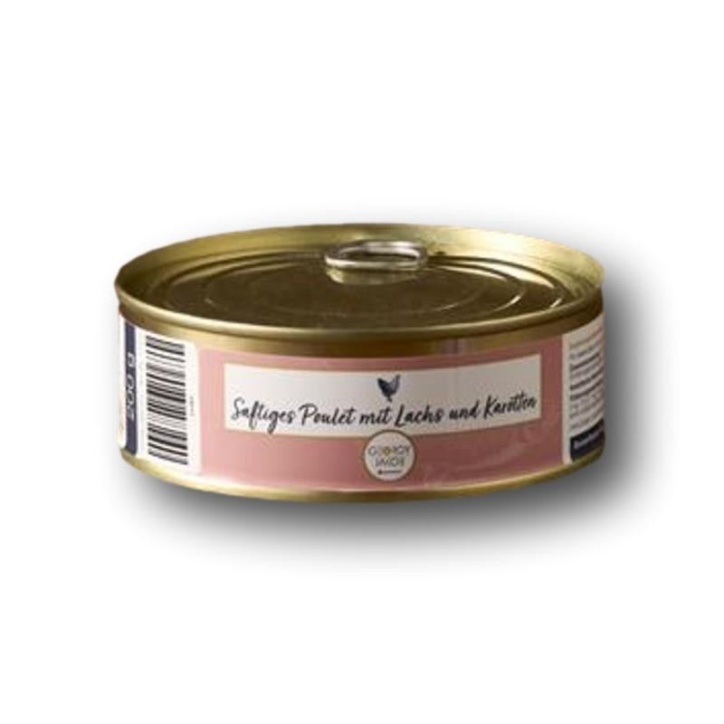 Besserfresser Saftiges Poulet mit Lachs und Karotten bietet Katzen eine feine, abwechslungsreiche Mahlzeit mit ausgewählten Zutaten für den täglichen Napf.