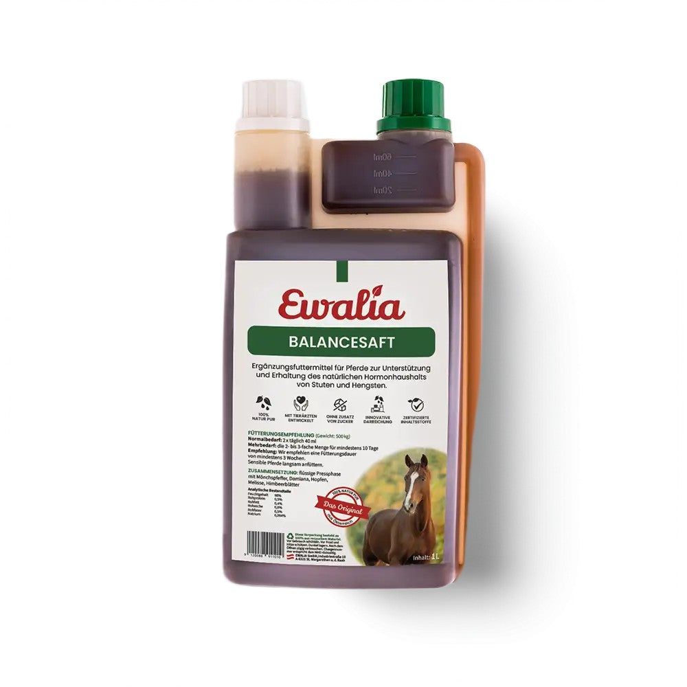 EWALIA Balancesaft für Pferde mit Mönchspfeffer, Melisse und Hopfen begleitet hormonelle Phasen bei Stuten, Hengsten und Wallachen natürlich.