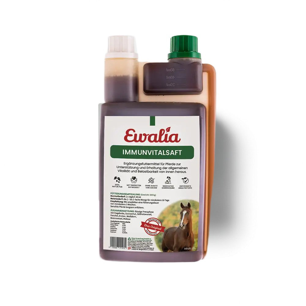 EWALIA Immunvitalsaft mit Hagebutte, Sonnenhut und Süssholzwurzel begleitet das Immunsystem von Pferden in belastenden und kalten Phasen natürlich.