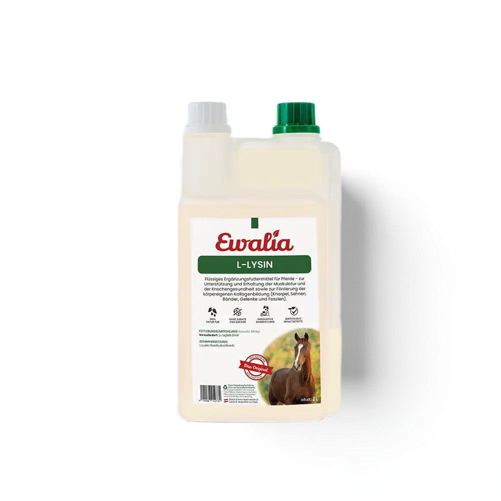 EWALIA L-Lysin liefert die essentielle Aminosäure L-Lysin und ergänzt die Versorgung von Pferden rund um Muskulatur, Knochen und Kollagenbildung