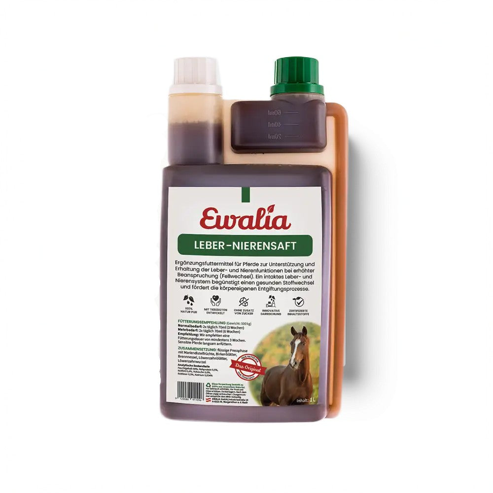 EWALIA Leber-Nierensaft mit Mariendistel, Brennnessel, Birke und Löwenzahn zur natürlichen Begleitung von Leber, Nieren und Stoffwechsel beim Pferd.