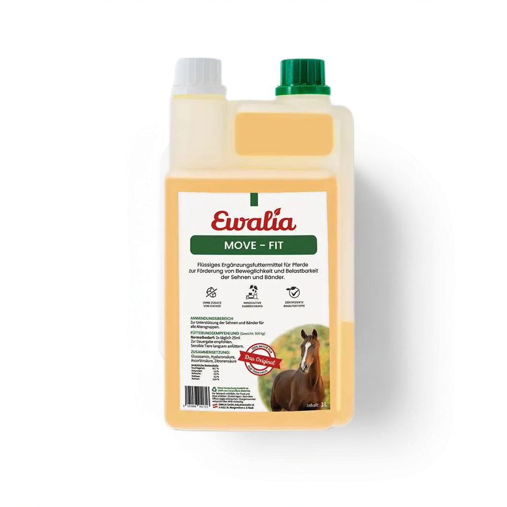 EWALIA Move-Fit mit Glucosamin und Hyaluronsäure unterstützt die Belastbarkeit von Sehnen, Bändern und Bindegewebe bei Pferden im Training gut.
