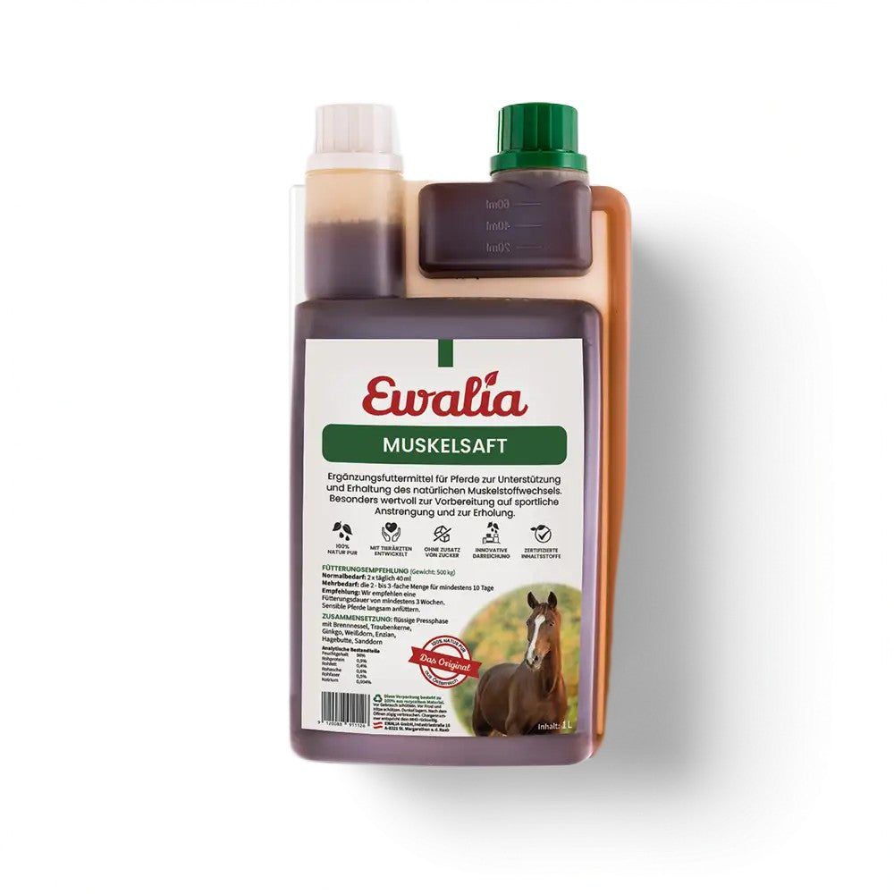 EWALIA Muskelsaft mit Ginkgo, Traubenkernen und Hagebutte begleitet beanspruchte Muskulatur bei Training, Aufbau und Erholung im Alltag gut.