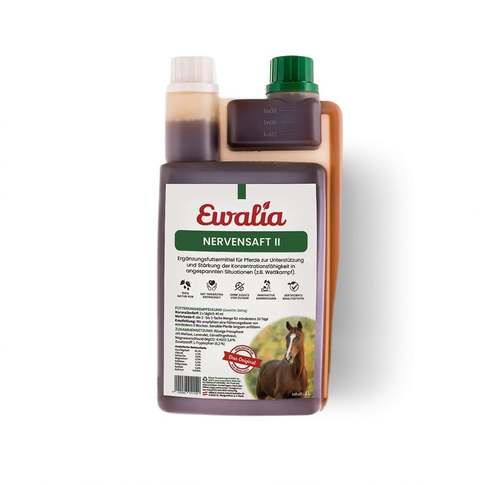 EWALIA Nervensaft II mit Baldrian, Hopfen, Melisse und Kamille begleitet nervöse Pferde im Alltag und in ungewohnten Stresssituationen sanft.