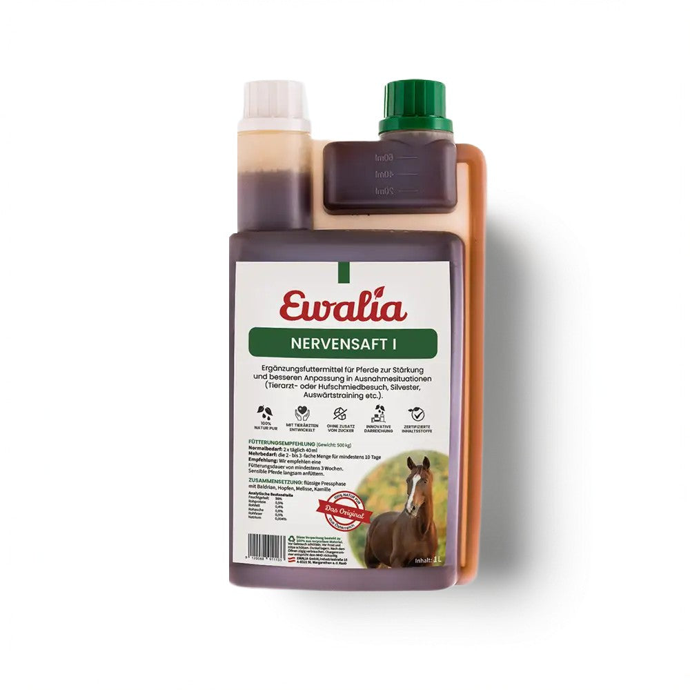 EWALIA Nervensaft I mit Baldrian, Hopfen, Melisse und Kamille begleitet nervöse Pferde im Alltag und in ungewohnten Stresssituationen sanft.