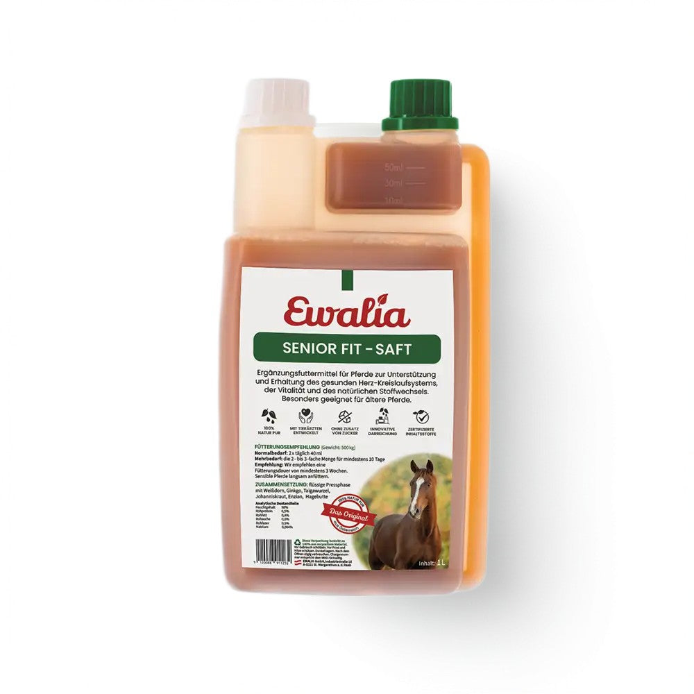 EWALIA Senior Fit-Saft mit Ginkgo, Weissdorn und Hagebutte begleitet Vitalität, Kreislauf und Wohlbefinden älterer Pferde im Alltag natürlich.