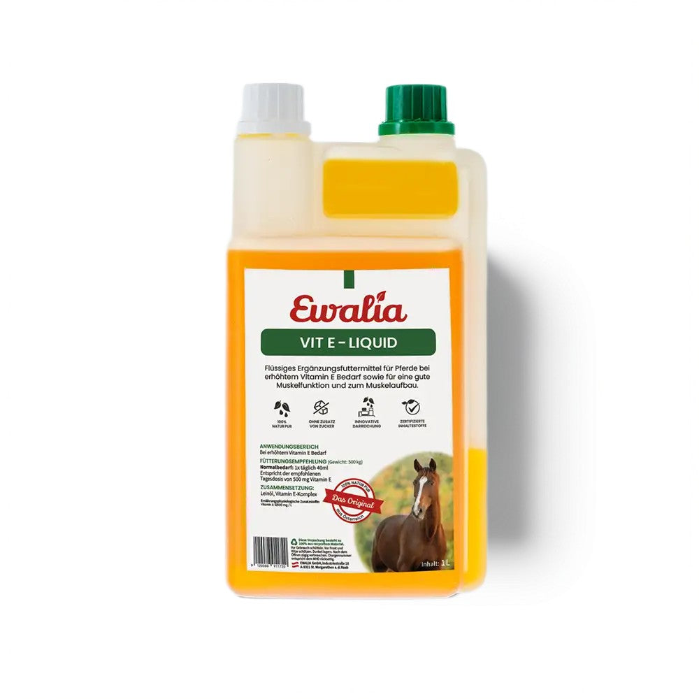 EWALIA Vit E – Liquid mit Leinöl und Vitamin-E-Komplex unterstützt die natürliche Muskelfunktion und ergänzt Sportpferde im Training sinnvoll.