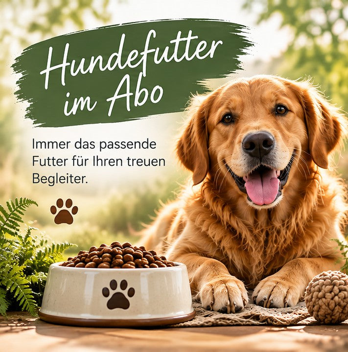 Golden Retriever neben einem gefüllten Futternapf. Hundefutter im Abo bei TIER IM MITTELPUNKT – flexible Lieferintervalle und bequeme Futterlieferung nach Hause.