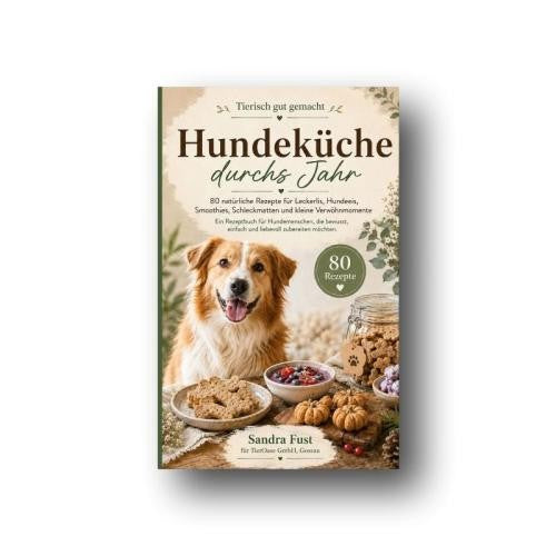 Das Rezeptbuch Hundeküche durchs Jahr bietet 80 natürliche Ideen für Leckerlis, Hundeeis und weitere selbstgemachte Köstlichkeiten für Hunde.
