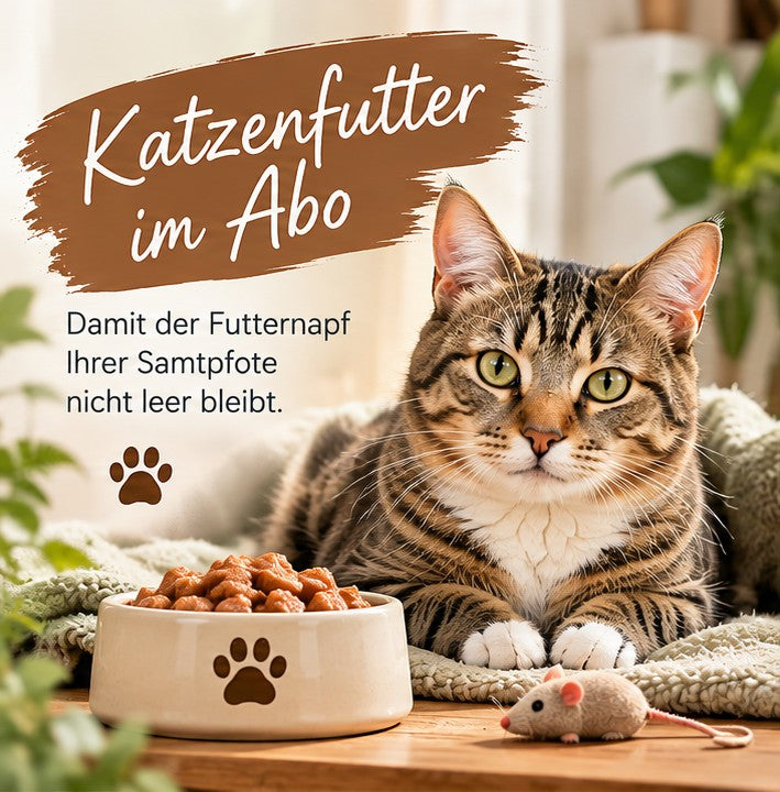 Getigerte Katze neben einem Napf mit Nassfutter. Katzenfutter im Abo bei TIER IM MITTELPUNKT – Lieblingsfutter regelmässig und bequem nach Hause liefern lassen.
