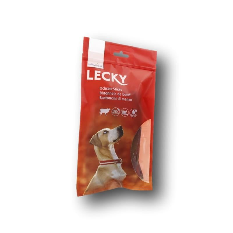 Lecky Ochsen Sticks aus Rindsziemer bieten langanhaltenden Kauspass, sind fettarm und unterstützen durch intensives Kauen die natürliche Zahnpflege.