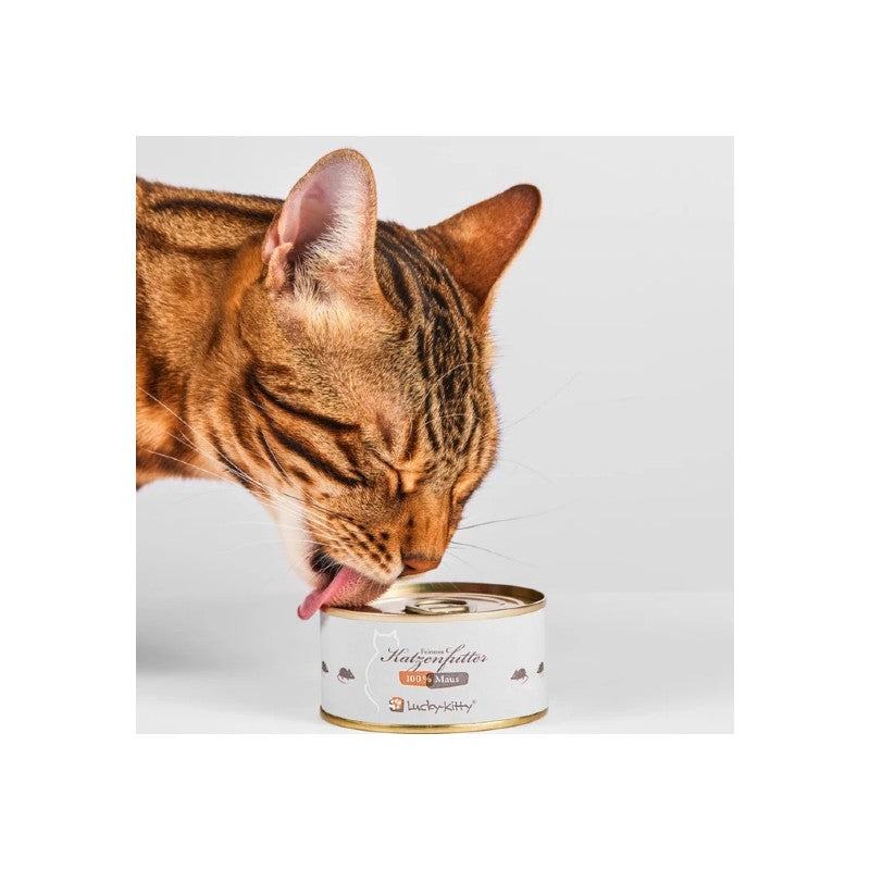 Lucky-Kitty Nassfutter Maus besteht aus 100 % gewolfter Maus, ohne Getreide, Zucker oder chemische Zusätze – besonders beutenah für Katzen pur.