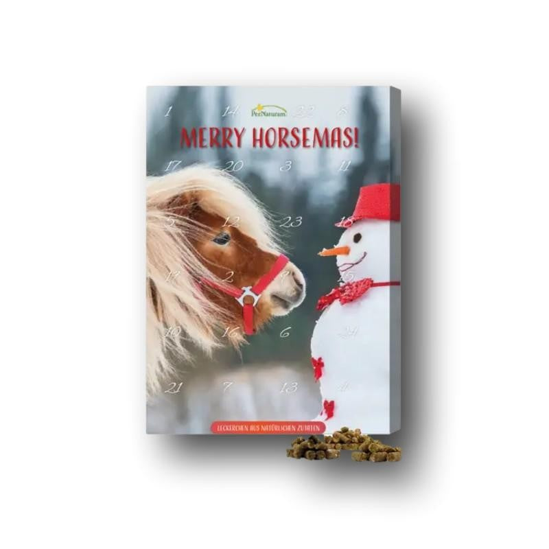 PerNaturam Merry Horsemas! überrascht Pferde mit 24 natürlichen Leckereien wie Apfelpellets, Kräuterlingen und exklusiven Advents-Snacks im Stall.