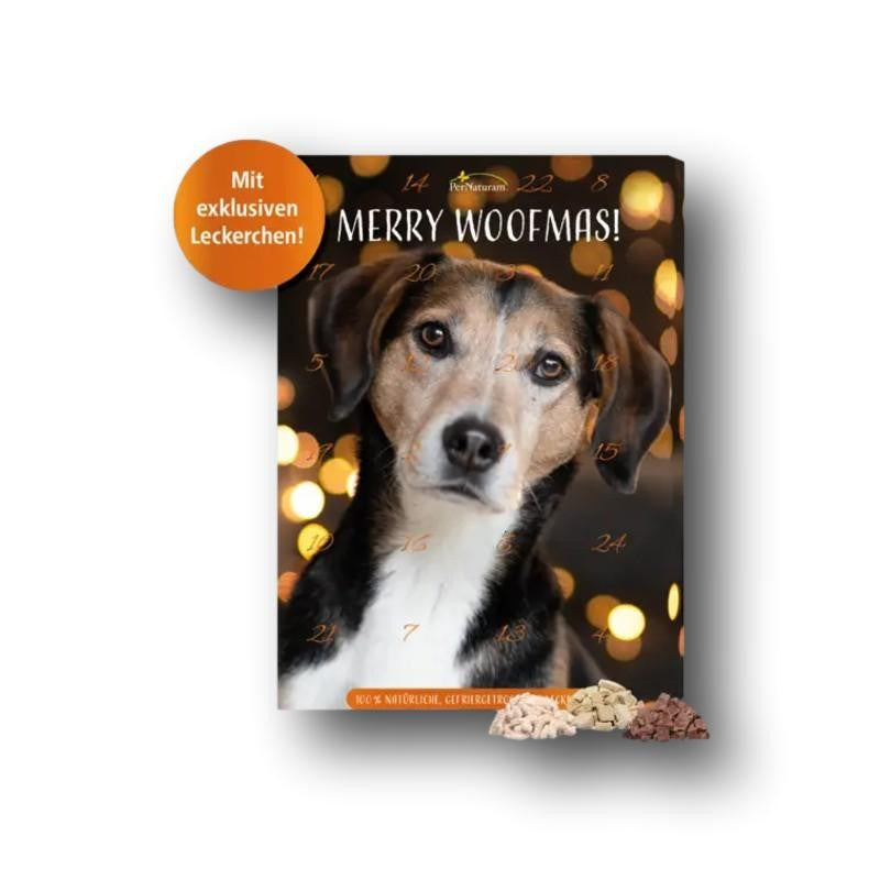 PerNaturam Merry Woofmas! bringt Hunden 24 gefriergetrocknete Genussmomente mit Wild, Lamm, Huhn, Thunfisch und Garnelen durch die Adventszeit.