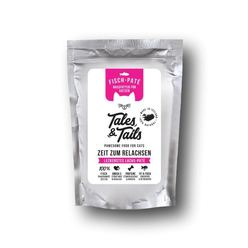 Fisch-Pâté für Katzen von Tales & Tails, Verpackung mit Angaben zu Inhaltsstoffen und Vorteilen, ideal für hochwertige Tiernahrung.