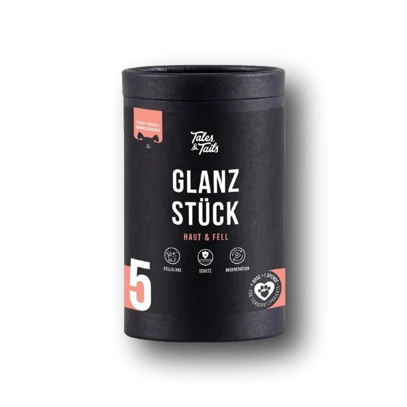 Tales & Tails Nr. 5 Glanzstück ist ein funktionaler Snack für Hunde mit Lamm, Leinsamen und Algenöl – ideal für die tägliche Fellroutine daheim.