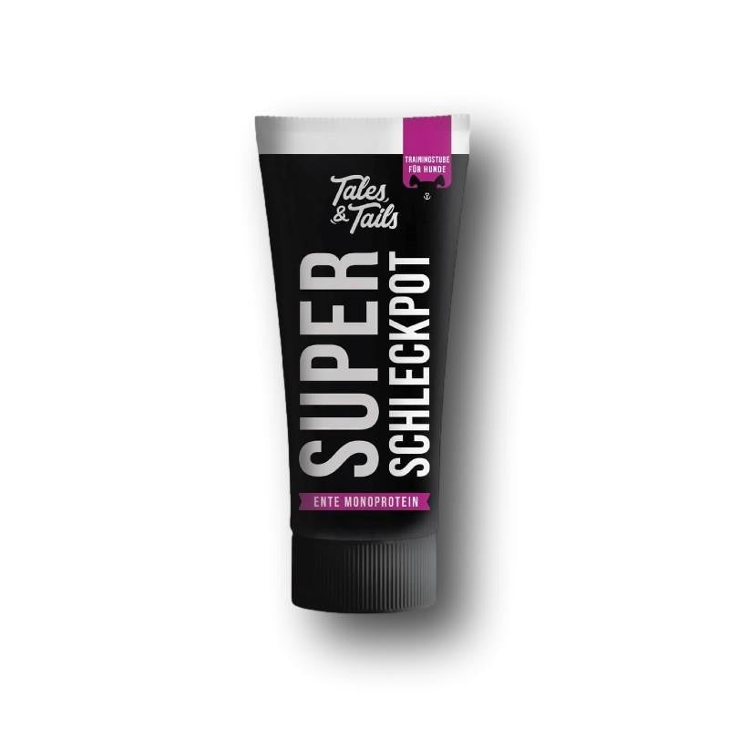 Tales & Tails Super Schleckpot ist ein cremiger Enten-Snack aus der Tube für Training, Spaziergänge und kleine Belohnungen für Hunde im Alltag.