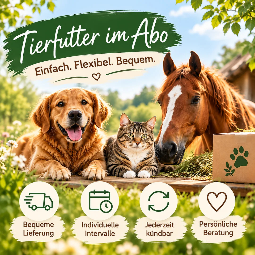 Tierfutter im Abo für Hunde, Katzen und Pferde bei TIER IM MITTELPUNKT. Bequeme Lieferung, flexible Lieferintervalle und persönliche Beratung.