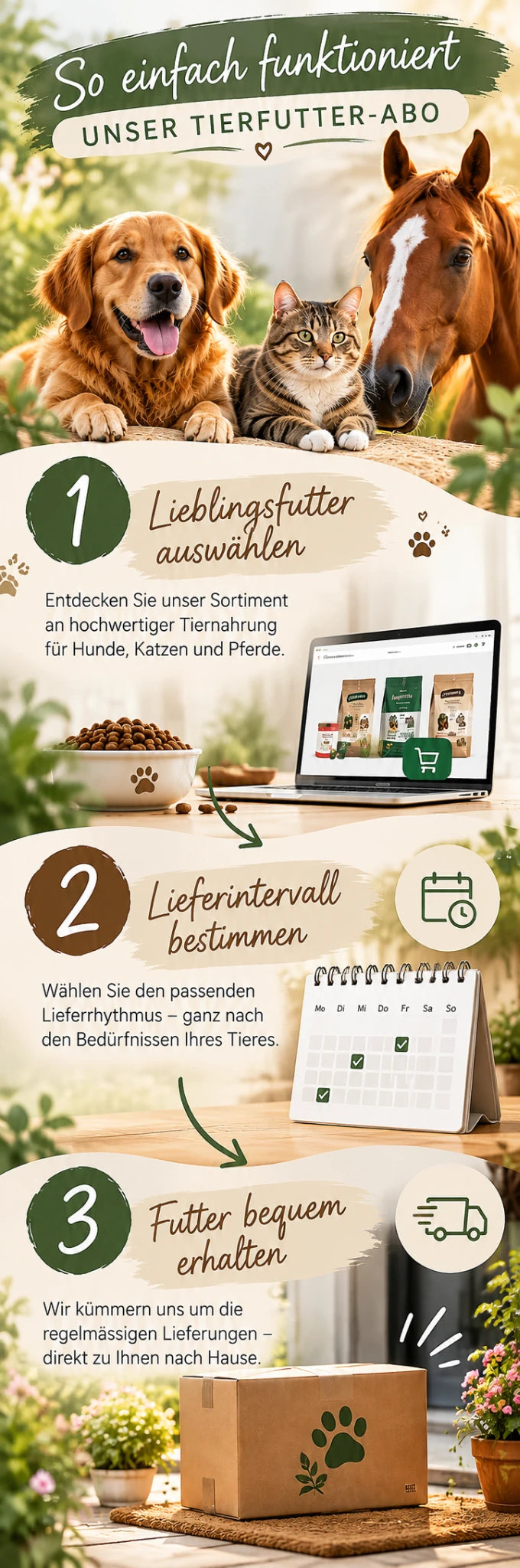 Infografik zum Tierfutter-Abo von TIER IM MITTELPUNKT. In drei einfachen Schritten Lieblingsfutter für Hunde, Katzen und Pferde auswählen, Lieferintervall bestimmen und bequem nach Hause liefern lassen.
