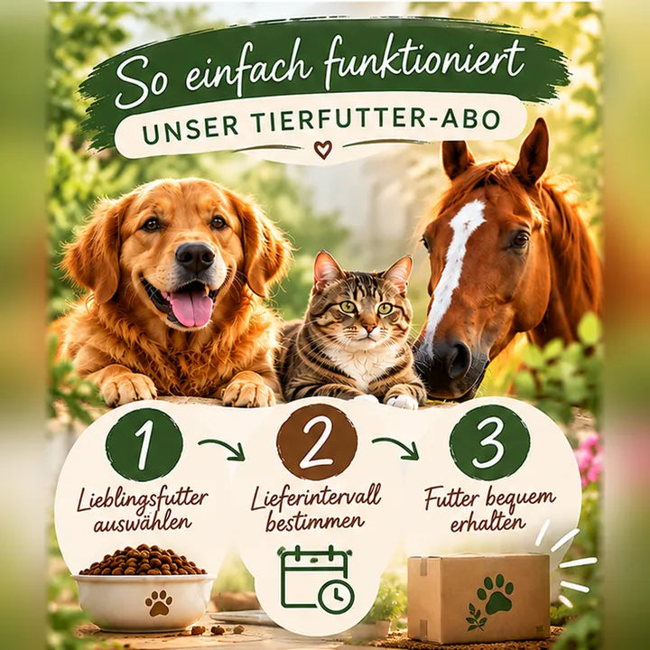 Tierfutter im Abo für Hunde, Katzen und Pferde – so funktioniert die regelmässige Futterlieferung bei TIER IM MITTELPUNKT in drei einfachen Schritten.